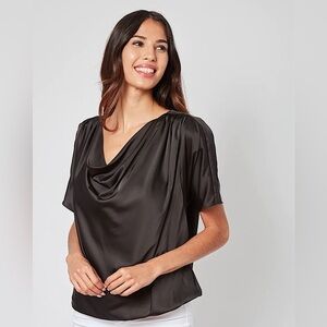 Dora Landa Black Satin Adele Blouse Short Sleeve Draped Neck Size XL NEW